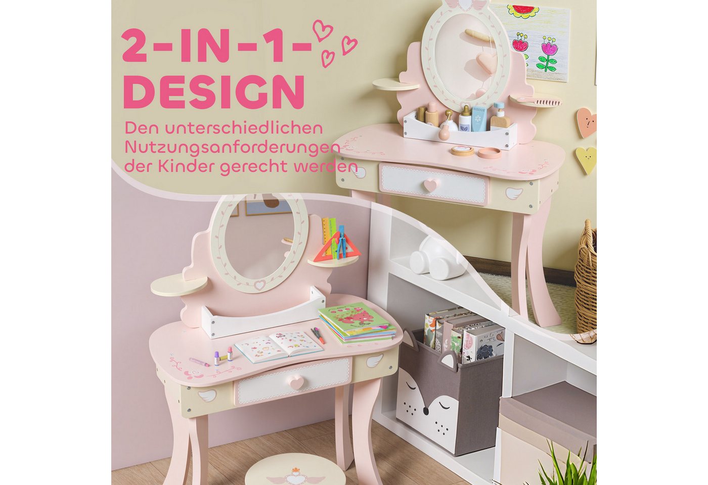 AIYAPLAY Schminktisch Kinder Schminktisch-Set mit Hocker, Schublade (Frisiertisch, 2-St., 2-in-1-Kosmetiktisch), für Kinder ab 3 Jahre, Rosa – Bild 4 von 5