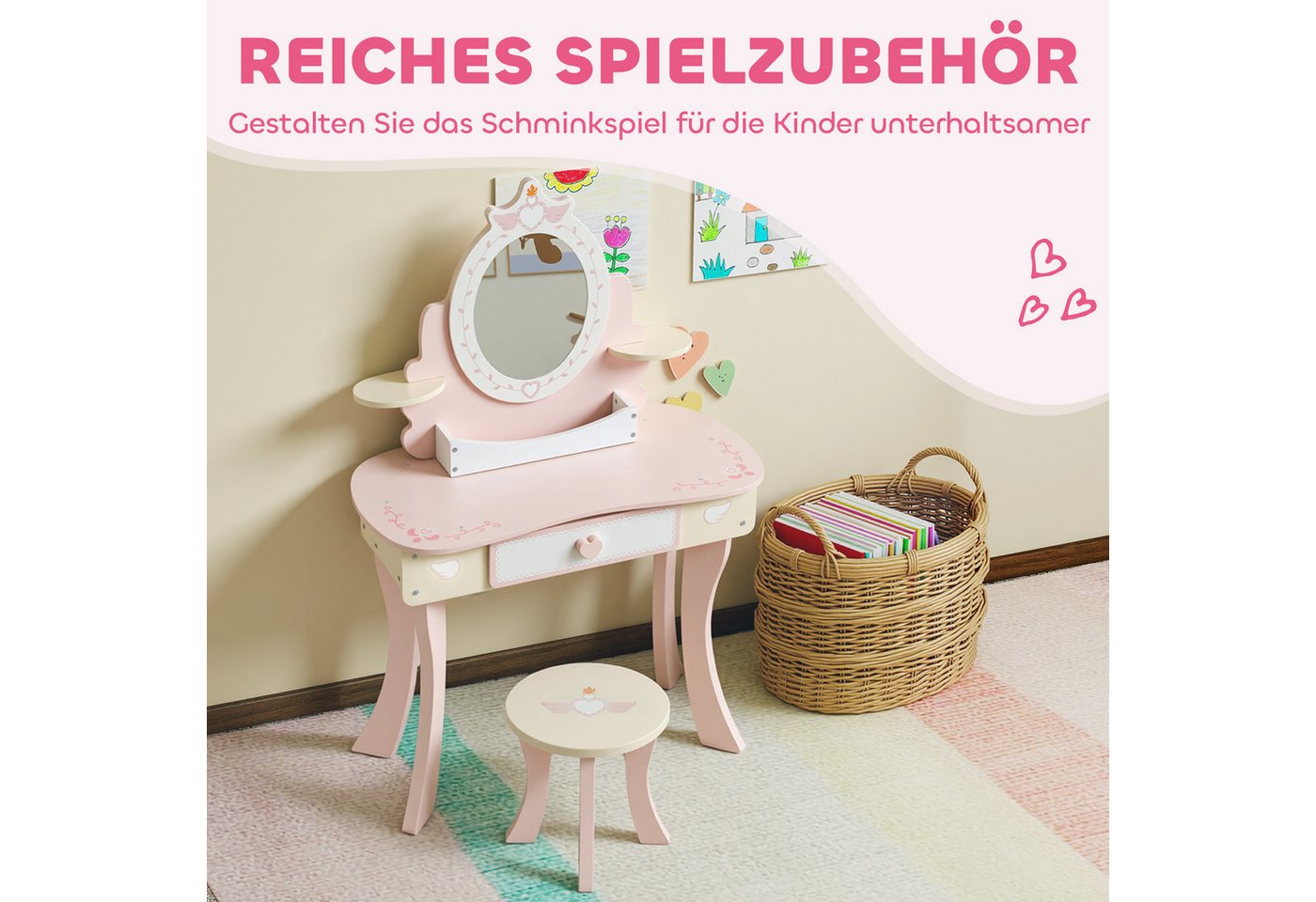 AIYAPLAY Schminktisch Kinder Schminktisch-Set mit Hocker, Schublade (Frisiertisch, 2-St., 2-in-1-Kosmetiktisch), für Kinder ab 3 Jahre, Rosa – Bild 5 von 5