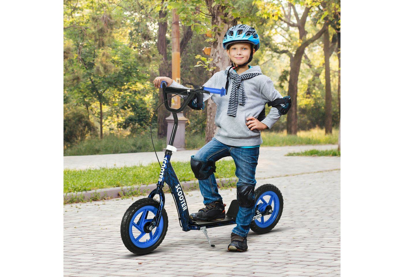 AIYAPLAY Scooter Kinderroller Tretroller mit verstellbarem Lenker, großen Rädern, 0 km/h, (Kinderroller, 1 tlg), höhenverstellbarer Tretroller für Kinder, Blau – Bild 2 von 5