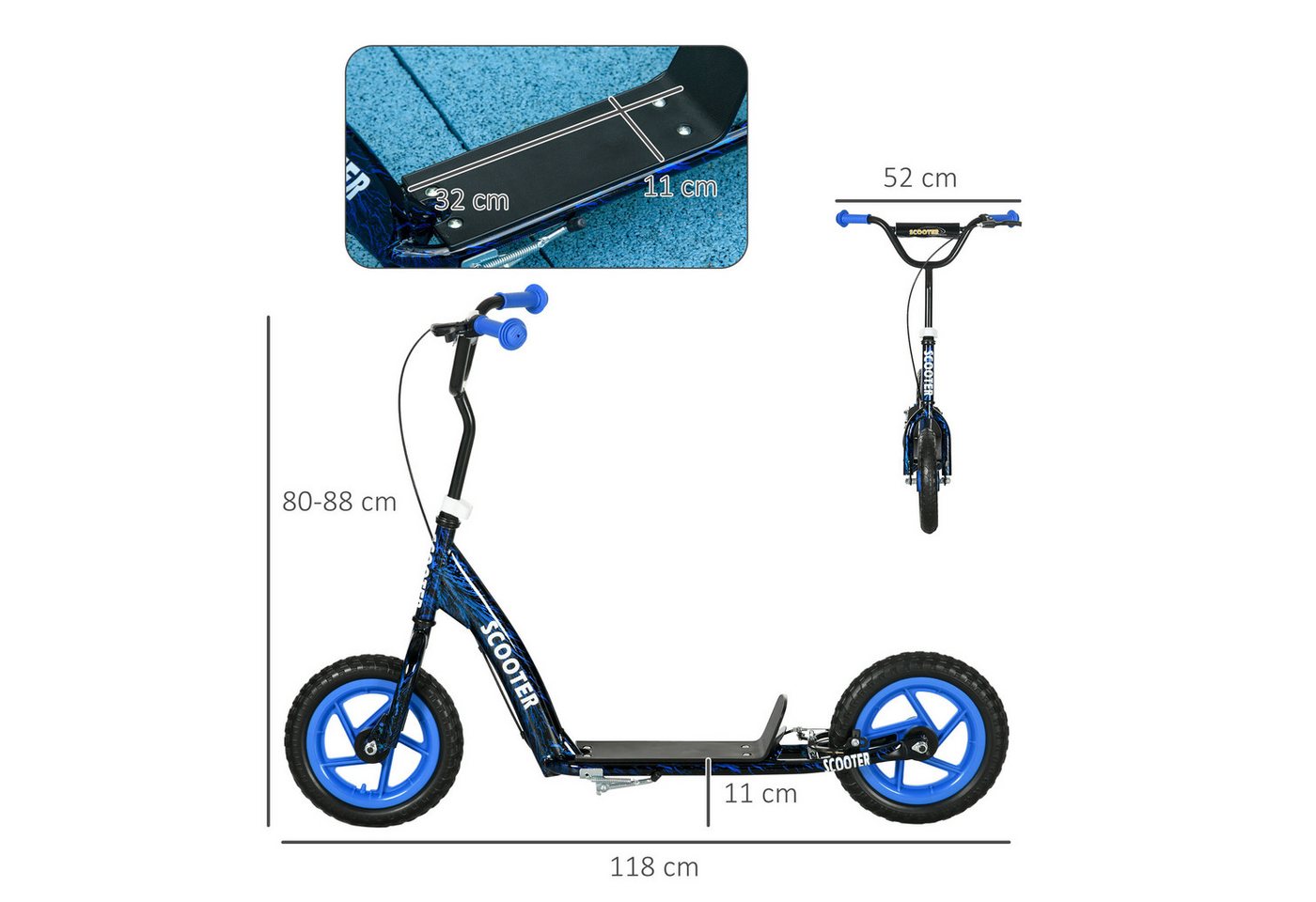 AIYAPLAY Scooter Kinderroller Tretroller mit verstellbarem Lenker, großen Rädern, 0 km/h, (Kinderroller, 1 tlg), höhenverstellbarer Tretroller für Kinder, Blau – Bild 3 von 5