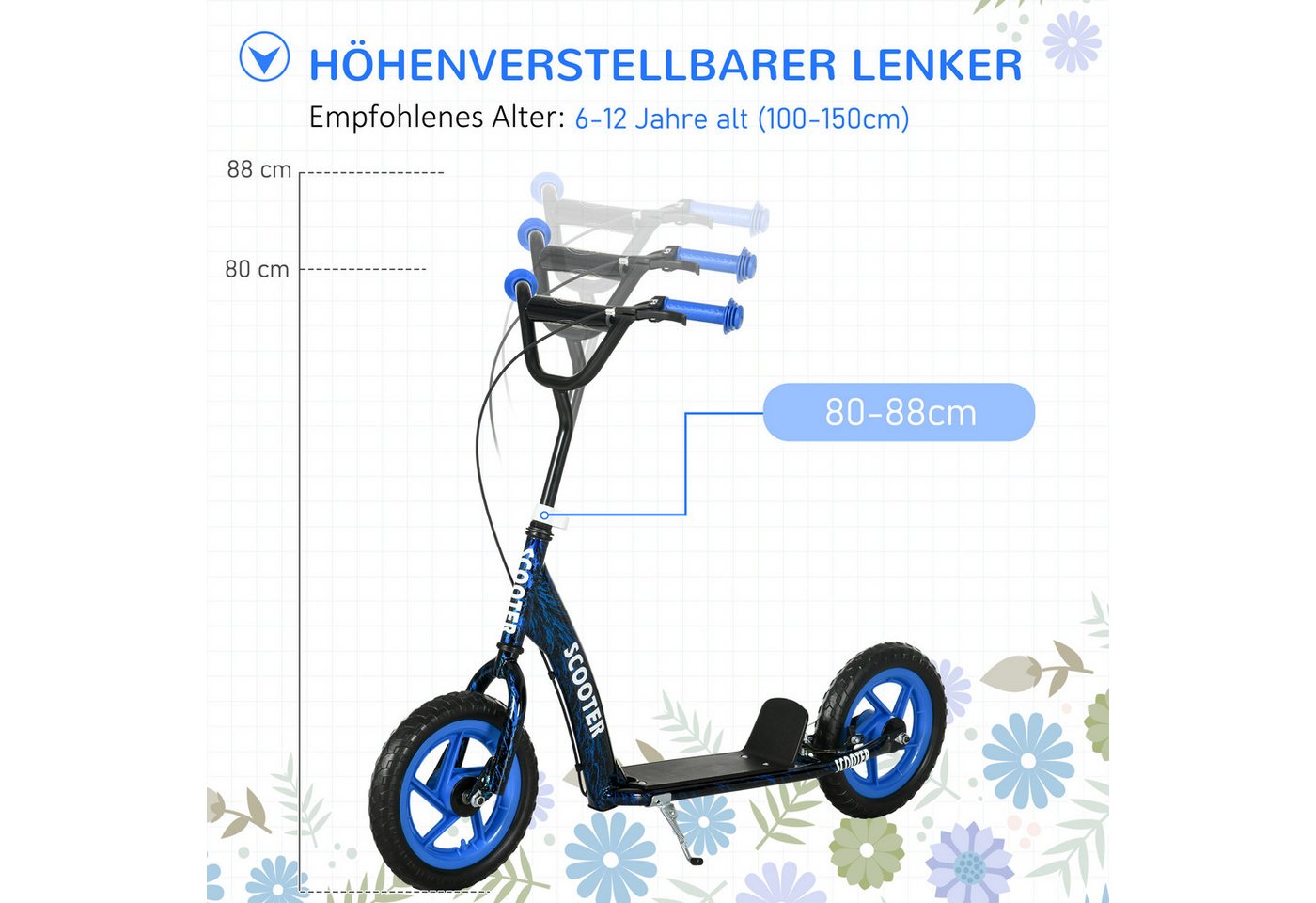 AIYAPLAY Scooter Kinderroller Tretroller mit verstellbarem Lenker, großen Rädern, 0 km/h, (Kinderroller, 1 tlg), höhenverstellbarer Tretroller für Kinder, Blau – Bild 4 von 5