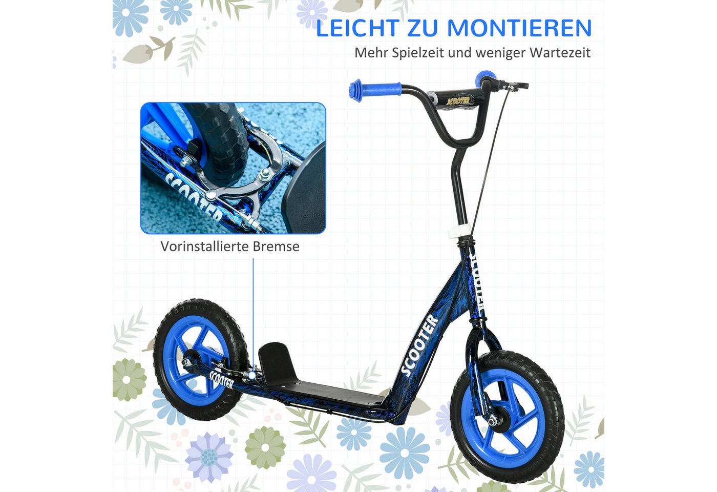 AIYAPLAY Scooter Kinderroller Tretroller mit verstellbarem Lenker, großen Rädern, 0 km/h, (Kinderroller, 1 tlg), höhenverstellbarer Tretroller für Kinder, Blau – Bild 5 von 5