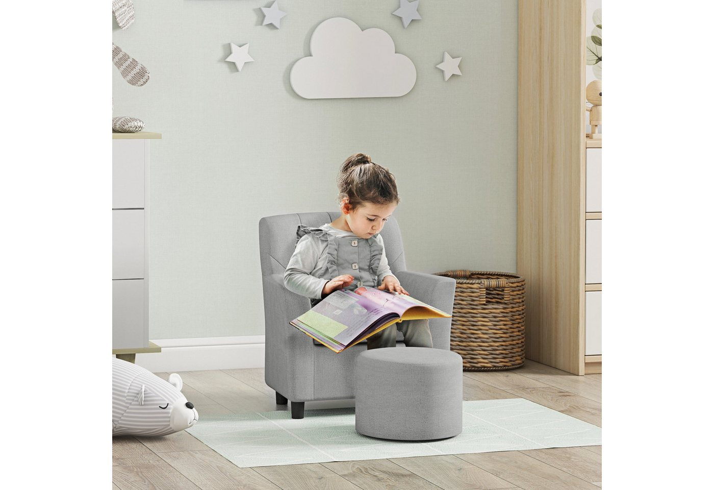 AIYAPLAY Sessel Kindercouch mit Fußhocker 1,5-3 Jahre Kindermöbel Kinderzimmer (Kindersofa, 2-St., Kindersessel), Leinentoptik, Eukalyptusholz, grau, 45 x 43 x  – Bild 2 von 5