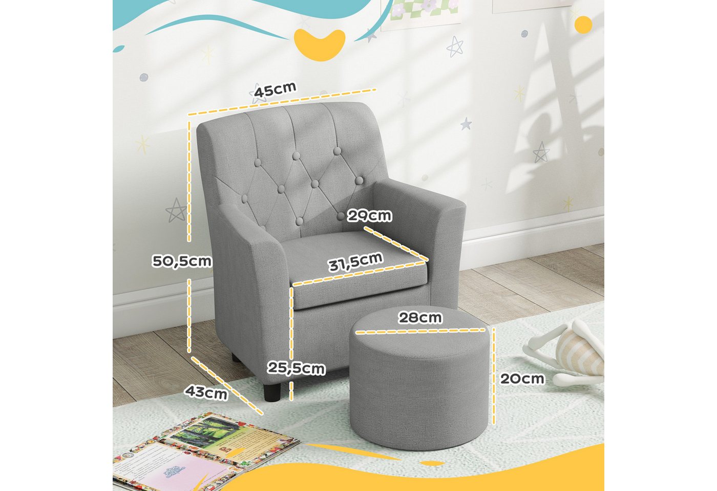 AIYAPLAY Sessel Kindercouch mit Fußhocker 1,5-3 Jahre Kindermöbel Kinderzimmer (Kindersofa, 2-St., Kindersessel), Leinentoptik, Eukalyptusholz, grau, 45 x 43 x  – Bild 3 von 5