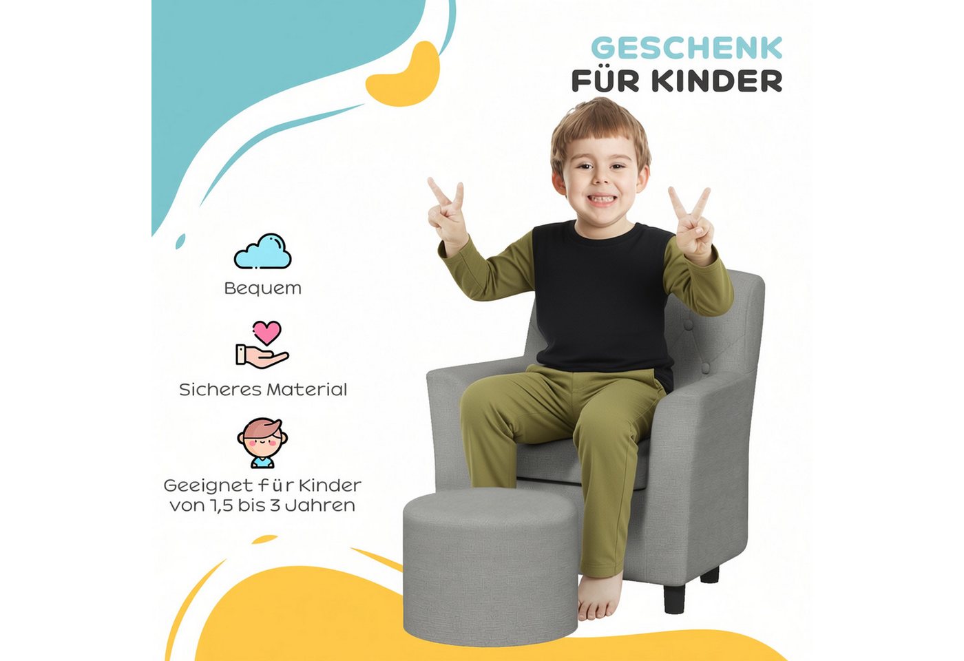 AIYAPLAY Sessel Kindercouch mit Fußhocker 1,5-3 Jahre Kindermöbel Kinderzimmer (Kindersofa, 2-St., Kindersessel), Leinentoptik, Eukalyptusholz, grau, 45 x 43 x  – Bild 4 von 5