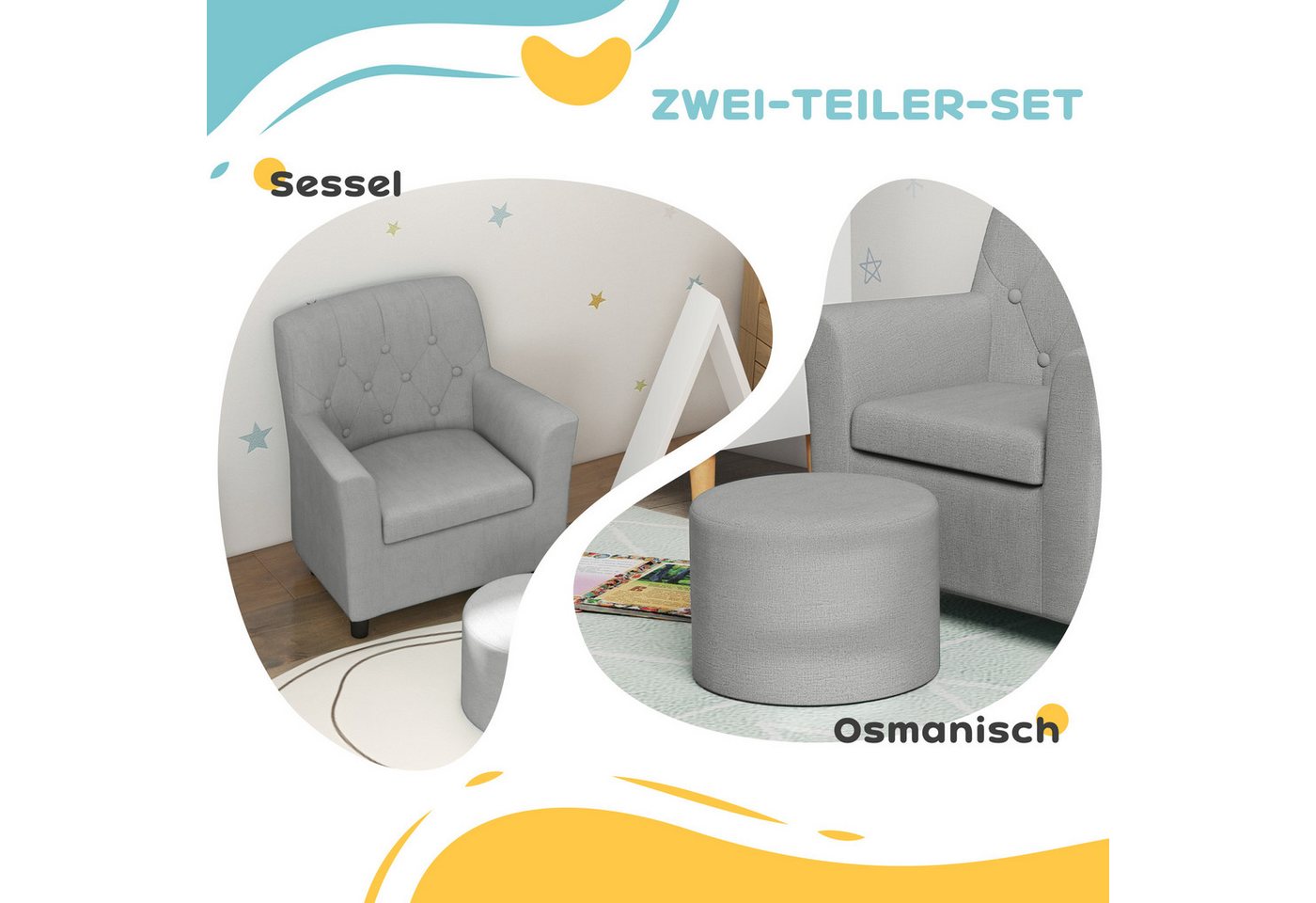 AIYAPLAY Sessel Kindercouch mit Fußhocker 1,5-3 Jahre Kindermöbel Kinderzimmer (Kindersofa, 2-St., Kindersessel), Leinentoptik, Eukalyptusholz, grau, 45 x 43 x  – Bild 5 von 5