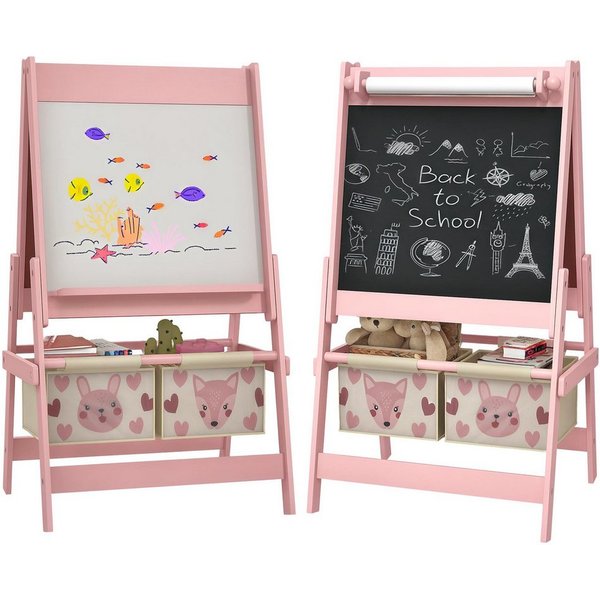 AIYAPLAY Tafel Staffelei Kindertafel Whiteboard mit Papierrolle inkl. Zubehör, (Standtafel, 1-tlg., Kinder Spieltafel), Rosa 54 x 46,5 x 93 cm