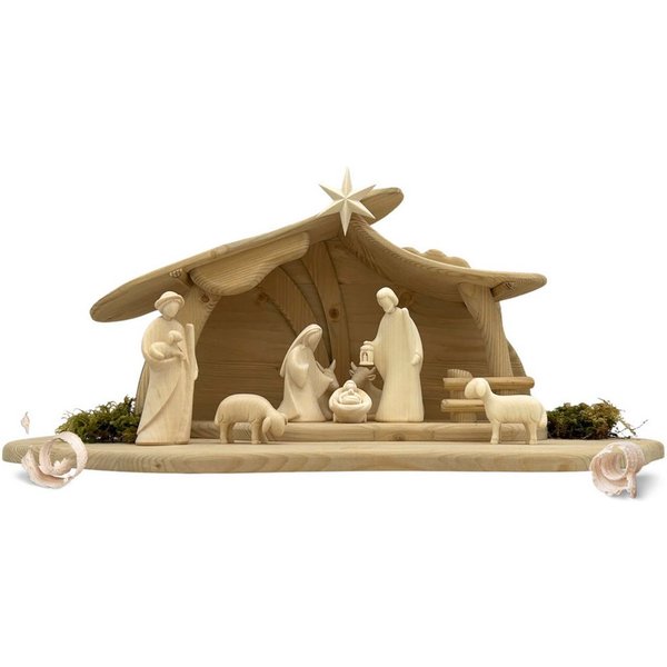 Akantus Krippe Weihnachtskrippe aus Holz: 8-teiliges Figuren Set (natur) mit Stall, holzgeschnitzt, Ahornholz, Made in Südtirol
