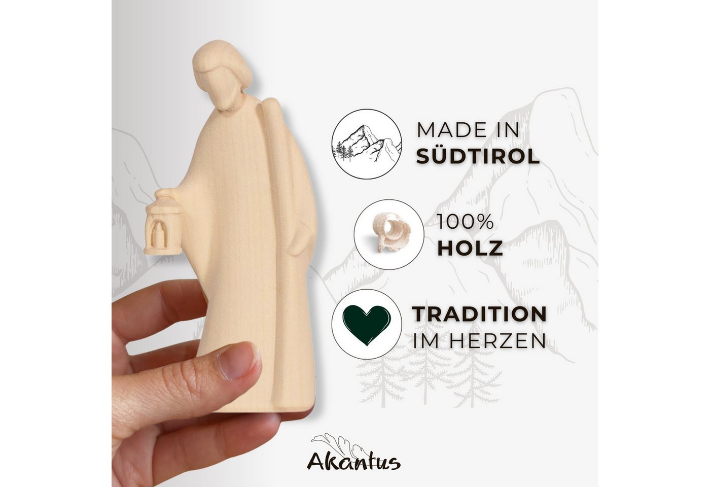 Akantus Krippe Weihnachtskrippe aus Holz: 8-teiliges Figuren Set (natur) mit Stall, holzgeschnitzt, Ahornholz, Made in Südtirol – Bild 3 von 5