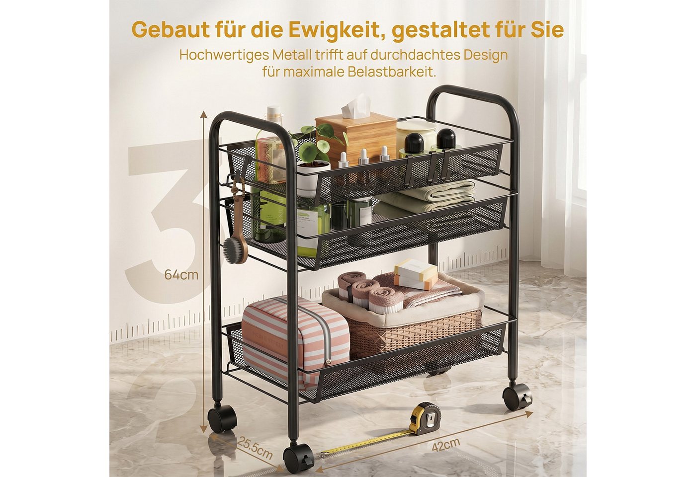 AKKEE Beistellwagen Küchenwagen, Servierwagen Küchenwagen, Rollwagen mit 3/4 Etagen, Feststellbare Rollen – Bild 2 von 5