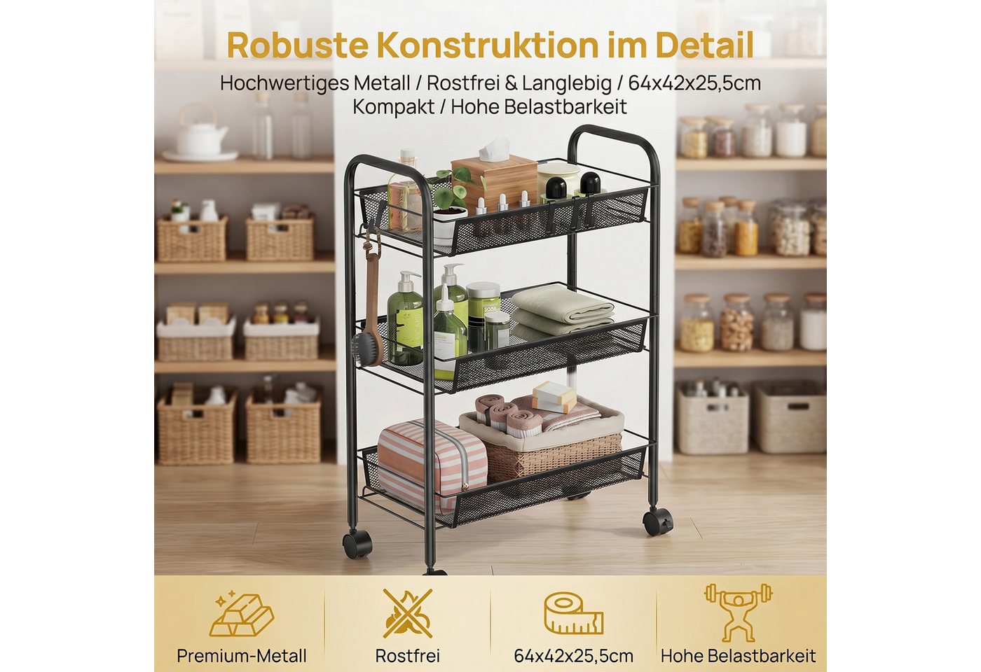 AKKEE Beistellwagen Küchenwagen, Servierwagen Küchenwagen, Rollwagen mit 3/4 Etagen, Feststellbare Rollen – Bild 5 von 5