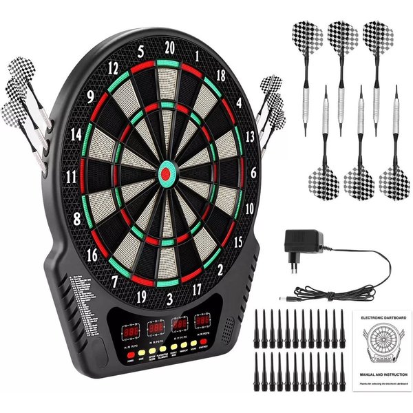 AKKEE Dartscheibe Elektronische Dartautomat mit 24 Dartköpfen, 27 Spielkategorien, Profi Dart Set
