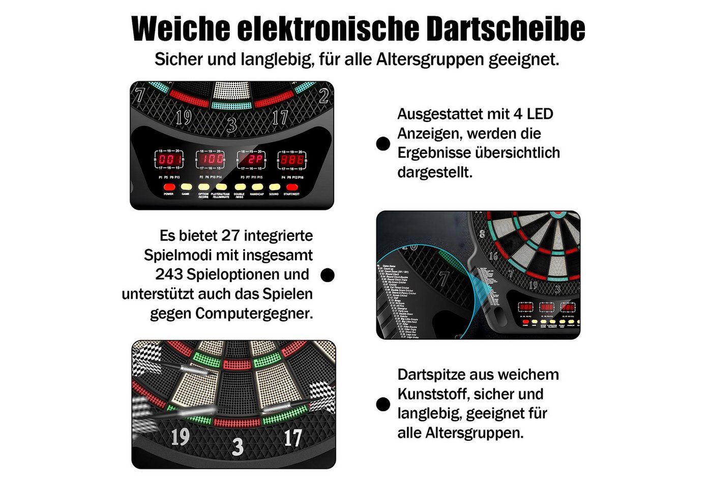 AKKEE Dartscheibe Elektronische Dartautomat mit 24 Dartköpfen, 27 Spielkategorien, Profi Dart Set – Bild 5 von 5