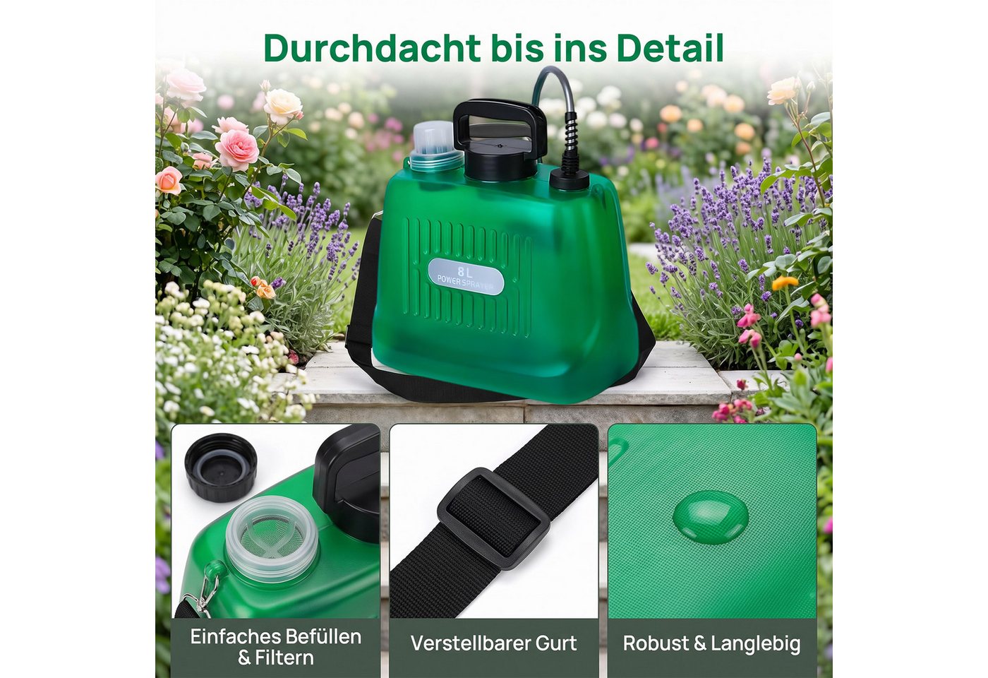 AKKEE Drucksprühgerät Akkubetriebenes Sprühgerät, elektrisches Sprühgerät 8L, mit 4 Nebeldüsen, wiederaufladbarer USB-Griff – Bild 4 von 5