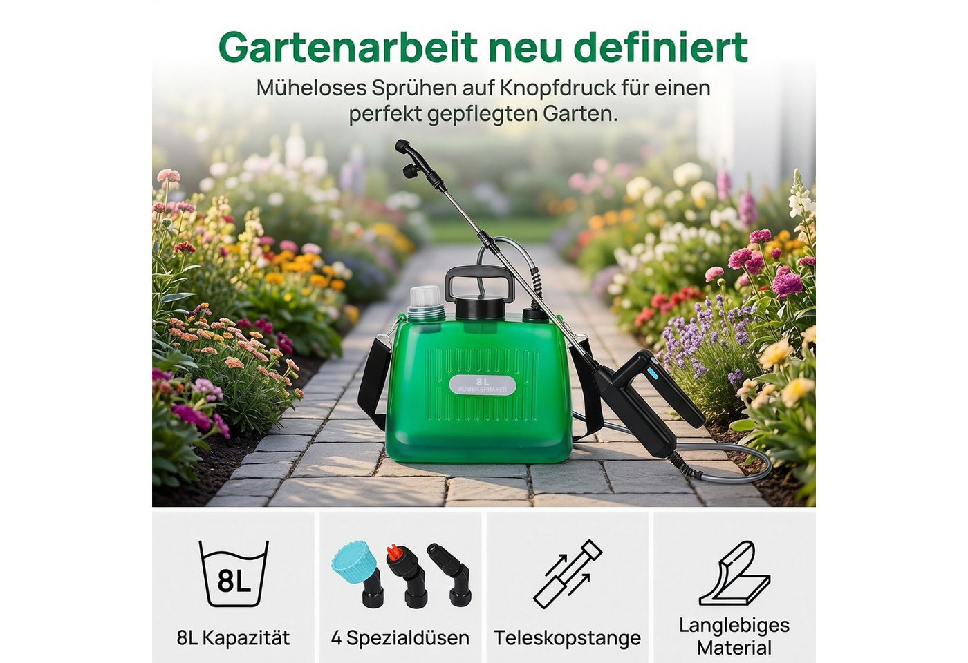 AKKEE Drucksprühgerät Akkubetriebenes Sprühgerät, elektrisches Sprühgerät 8L, mit 4 Nebeldüsen, wiederaufladbarer USB-Griff – Bild 5 von 5