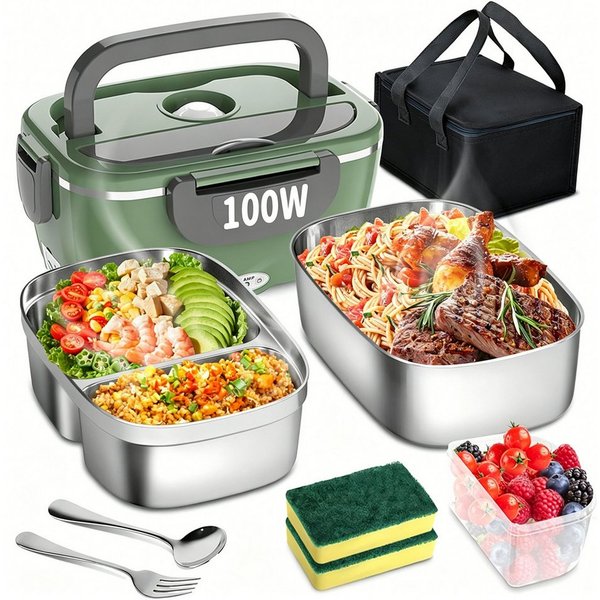 AKKEE Elektrische Lunchbox 100W, 3-In-1 tragbare beheizte Lunchbox, 2 x 1,5L Edelstahl set, Großes Fassungsvermögen mit Tragetasche und Reinigungstuch