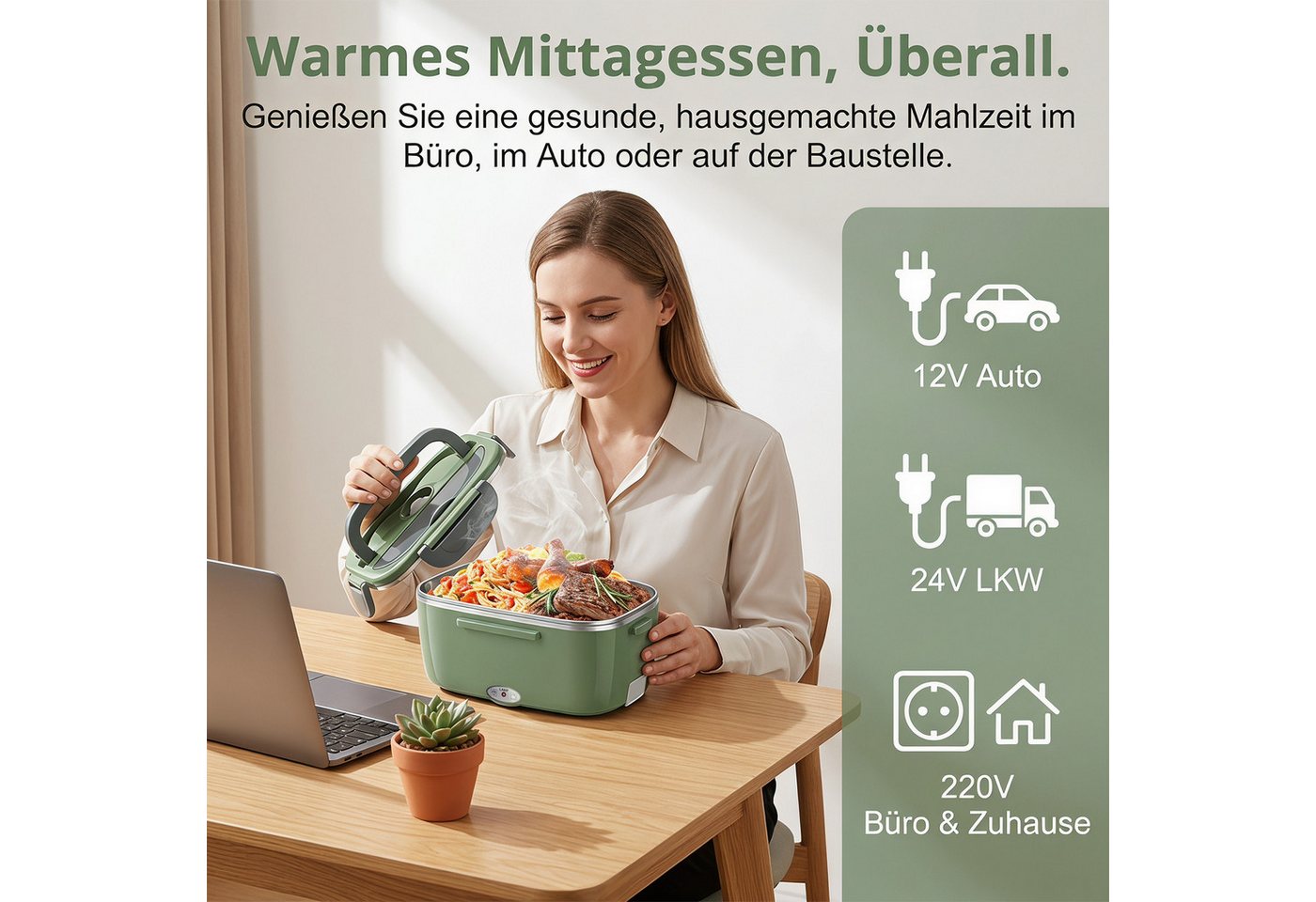 AKKEE Elektrische Lunchbox 100W, 3-In-1 tragbare beheizte Lunchbox, 2 x 1,5L Edelstahl set, Großes Fassungsvermögen mit Tragetasche und Reinigungstuch – Bild 2 von 5