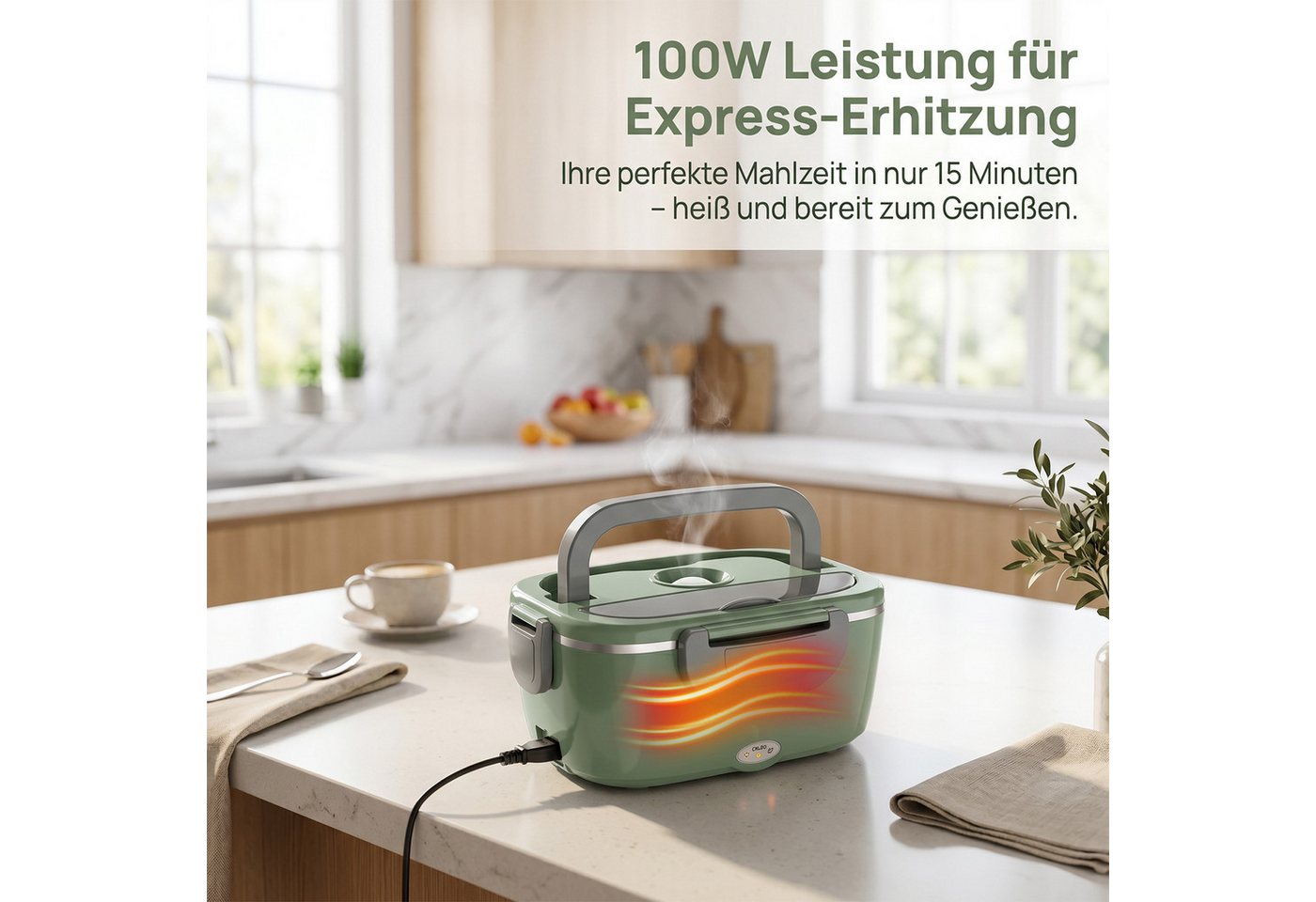 AKKEE Elektrische Lunchbox 100W, 3-In-1 tragbare beheizte Lunchbox, 2 x 1,5L Edelstahl set, Großes Fassungsvermögen mit Tragetasche und Reinigungstuch – Bild 5 von 5