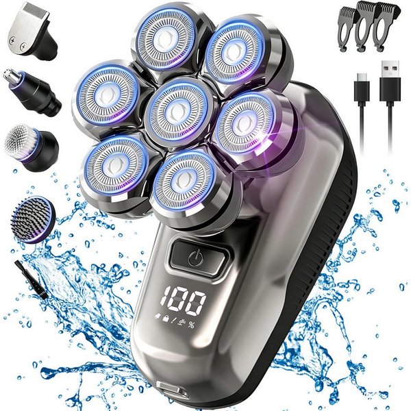 AKKEE Elektrorasierer Glatzen Rasierer Herren, Upgrade-7D Kopfrasierer Glatze, Aufsätze: 7, Haarschneider (3/5/7 mm), Nass-& Trockenrasur, IPX6 Wasserdicht, LED