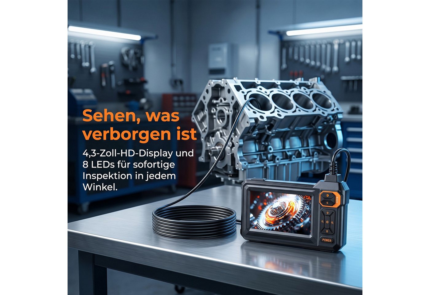 AKKEE Endoskop-Kamera mit 8 Einstellbaren LED Lichtern, Wasserdichtes IP67 Inspektionskamera (4.3" Endoskop Kamera, 1080P HD Inspektionskamera, Rohrkamera 5m) – Bild 2 von 5