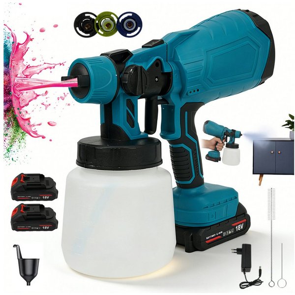 AKKEE Farbsprühgerät Akku Farbsprühsystem 1000 ml mit 2 Akkus Farbpistole, 3 Düsen, für Gartenzaun, Wände, Möbel, Decke