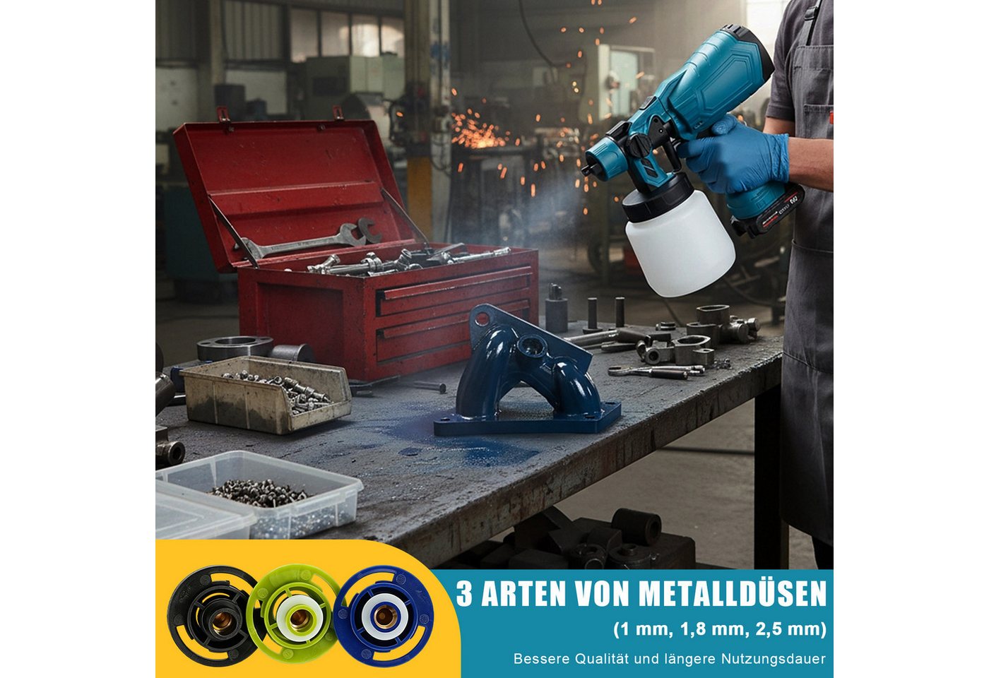 AKKEE Farbsprühgerät Akku Farbsprühsystem 1000 ml mit 2 Akkus Farbpistole, 3 Düsen, für Gartenzaun, Wände, Möbel, Decke – Bild 5 von 5