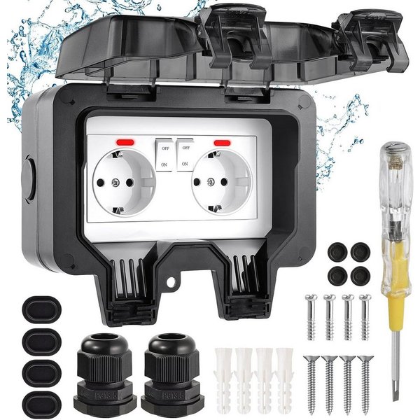 AKKEE Gartensteckdose Außensteckdose Steckdose Garten IP66 Wasserdicht mit Schutzkappe, Für Garten, Garage, Küche, Badezimmer