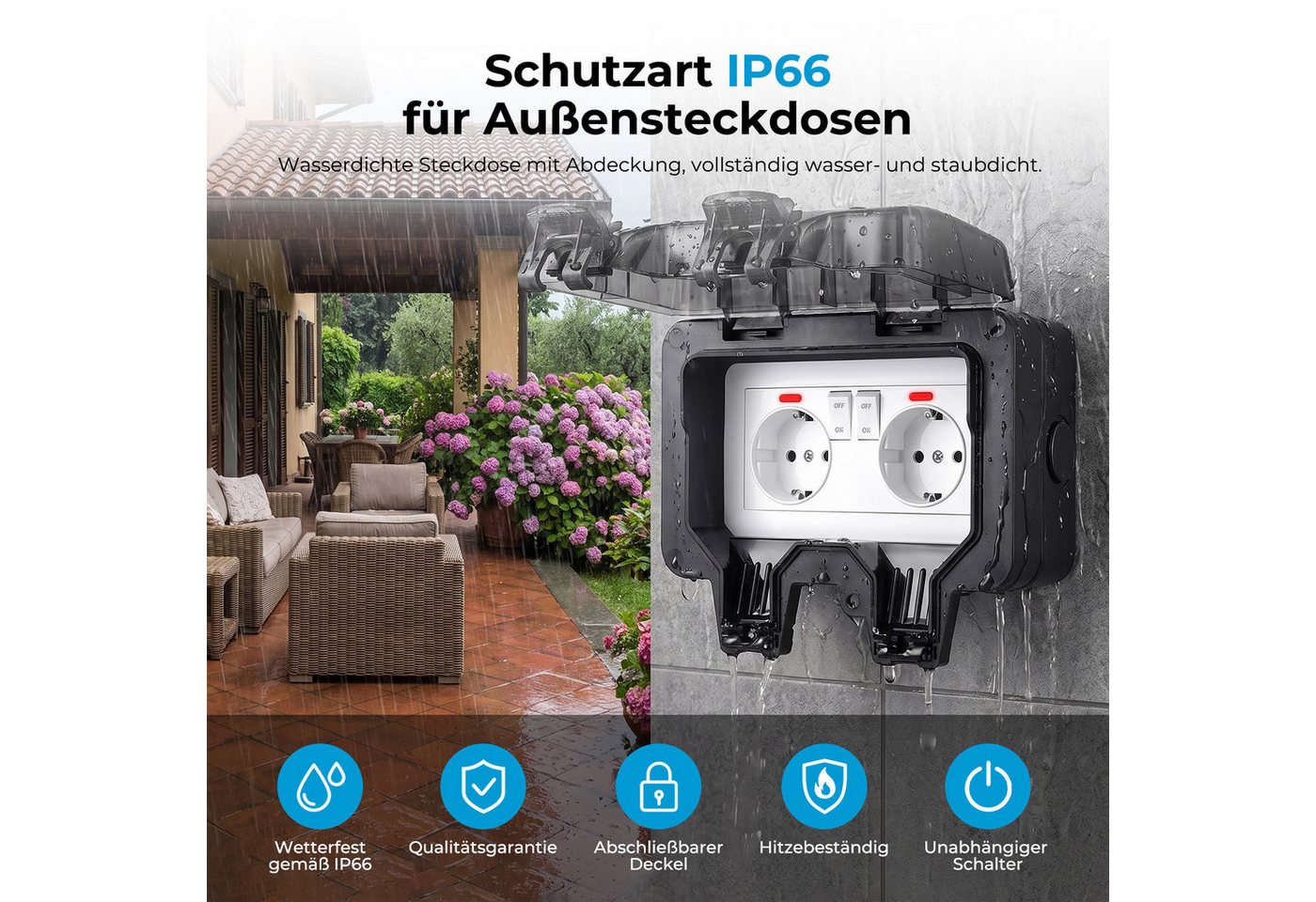 AKKEE Gartensteckdose Außensteckdose Steckdose Garten IP66 Wasserdicht mit Schutzkappe, Für Garten, Garage, Küche, Badezimmer – Bild 3 von 5
