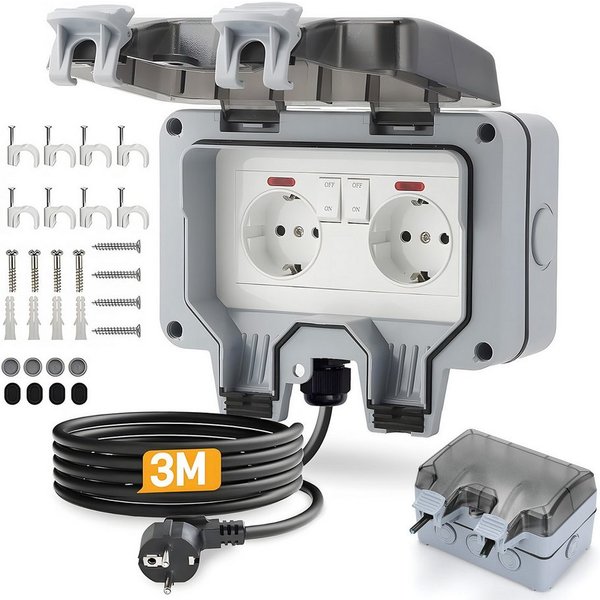 AKKEE Gartensteckdose Außensteckdose Steckdose Garten IP66 Wasserdicht Mit 3M Kabel, 2 Fach Outdoor 16A Gartensteckdose mit Klappdeckel