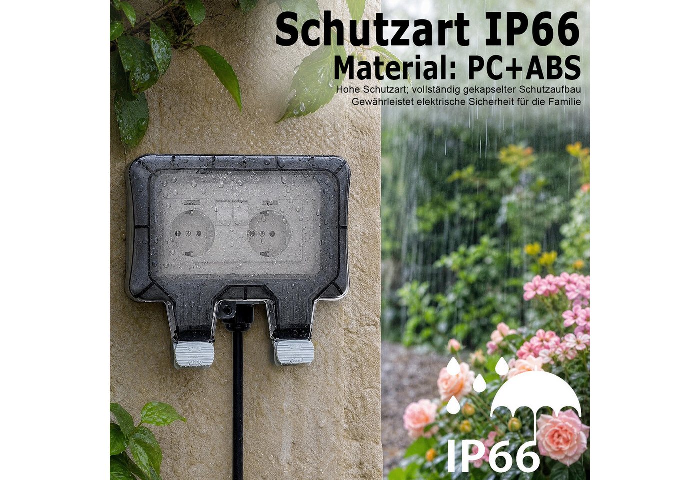 AKKEE Gartensteckdose Außensteckdose Steckdose Garten IP66 Wasserdicht Mit 3M Kabel, 2 Fach Outdoor 16A Gartensteckdose mit Klappdeckel – Bild 2 von 5