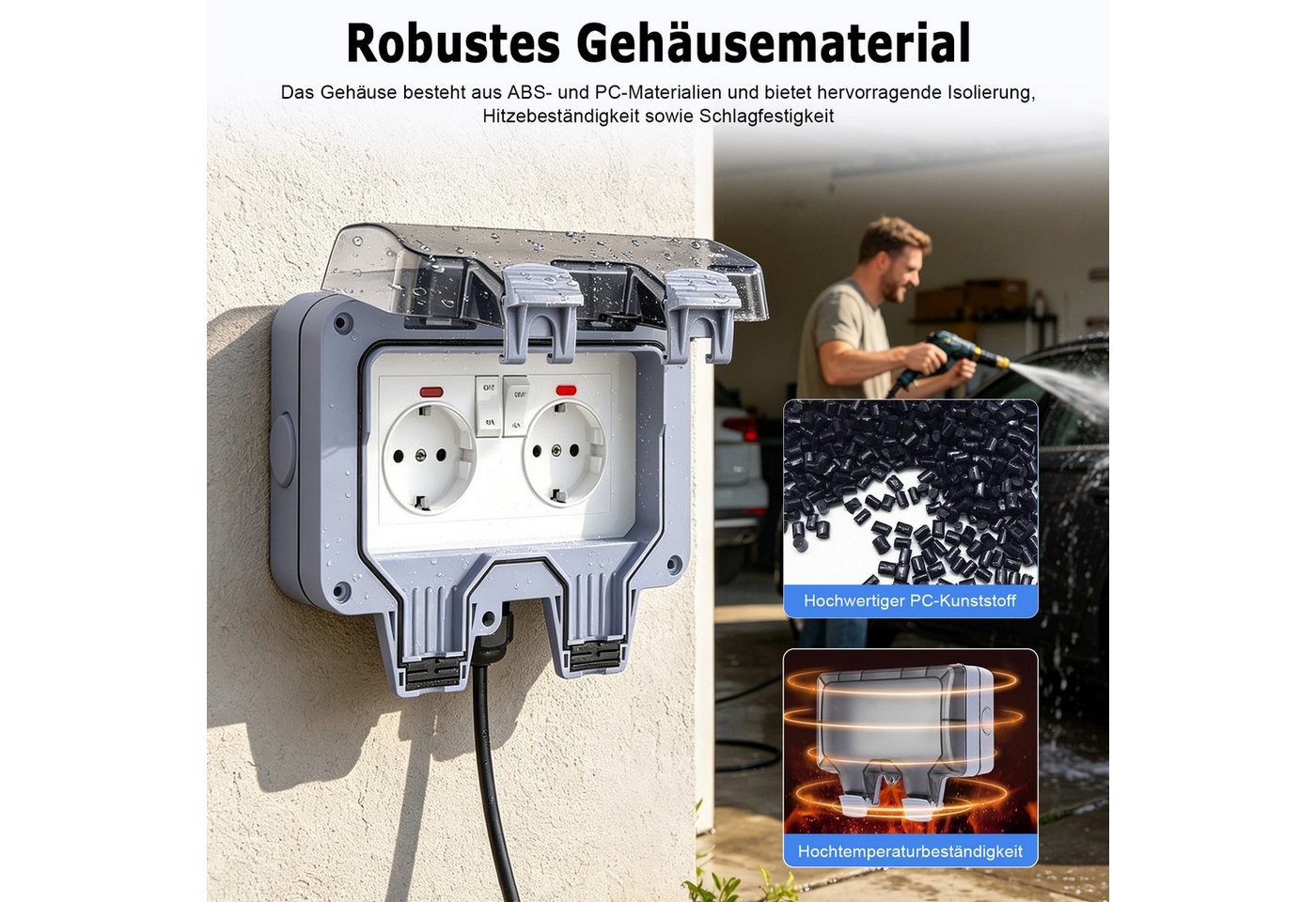 AKKEE Gartensteckdose Außensteckdose Steckdose Garten IP66 Wasserdicht Mit 3M Kabel, 2 Fach Outdoor 16A Gartensteckdose mit Klappdeckel – Bild 3 von 5