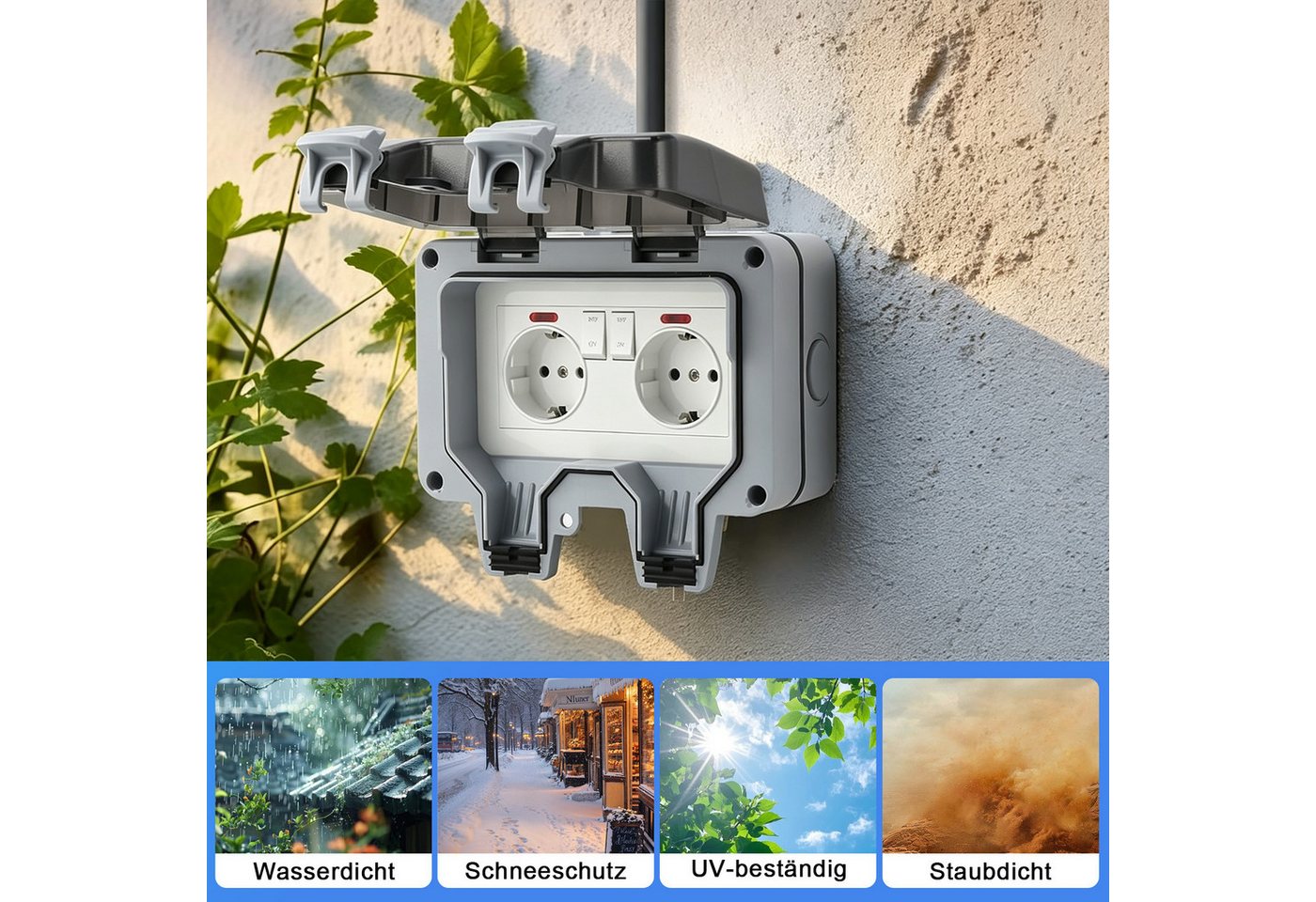 AKKEE Gartensteckdose Außensteckdose Steckdose Garten IP66 Wasserdicht Mit 3M Kabel, 2 Fach Outdoor 16A Gartensteckdose mit Klappdeckel – Bild 4 von 5