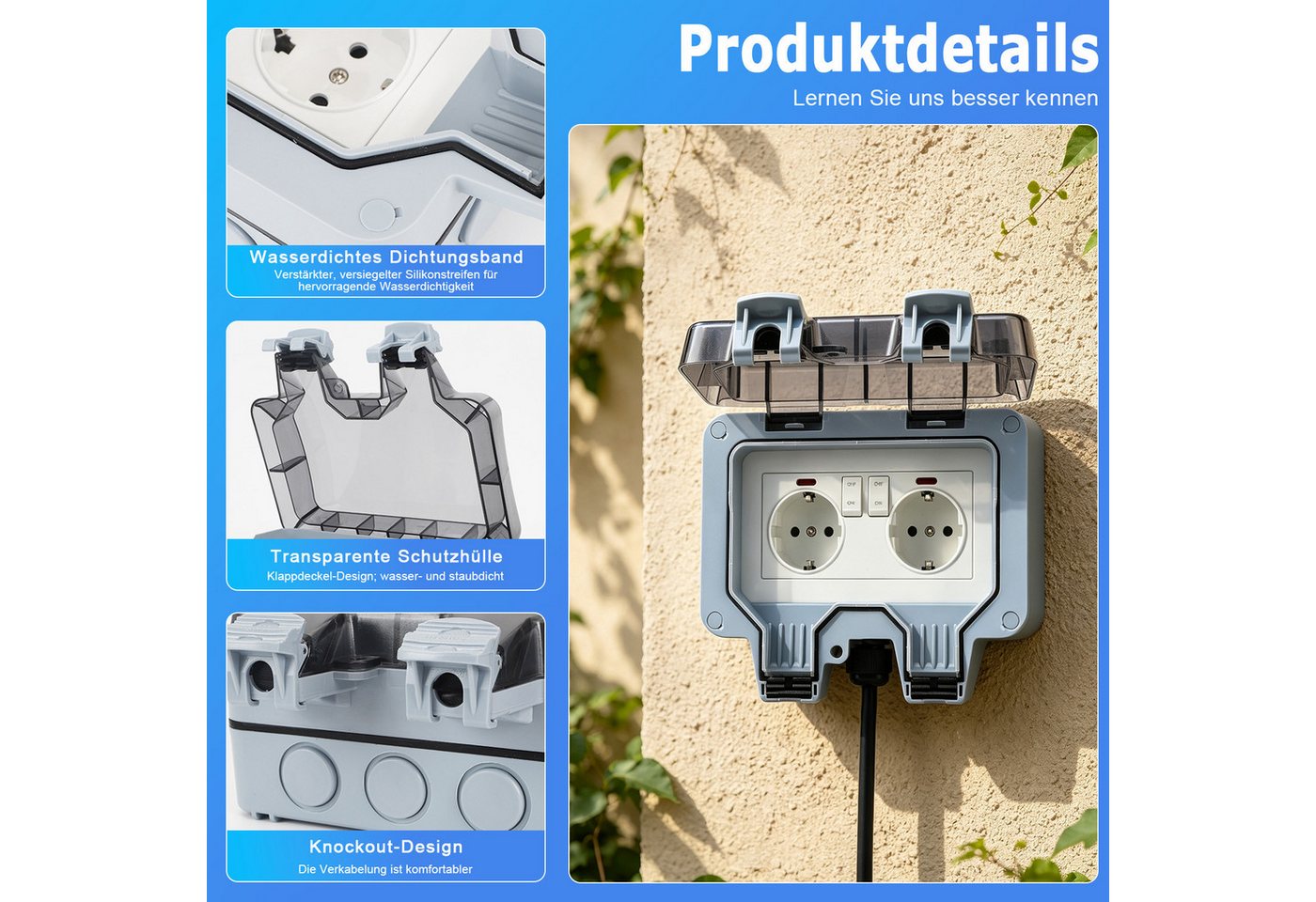AKKEE Gartensteckdose Außensteckdose Steckdose Garten IP66 Wasserdicht Mit 3M Kabel, 2 Fach Outdoor 16A Gartensteckdose mit Klappdeckel – Bild 5 von 5