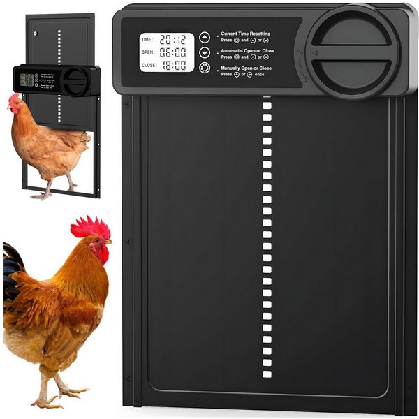 AKKEE Hühnerstall Automatische Hühnerklappe Aluminiumlegierung Wasserdicht Timer, Einklemmschutz Großes LCD-Display mit Zeit/Handmodus