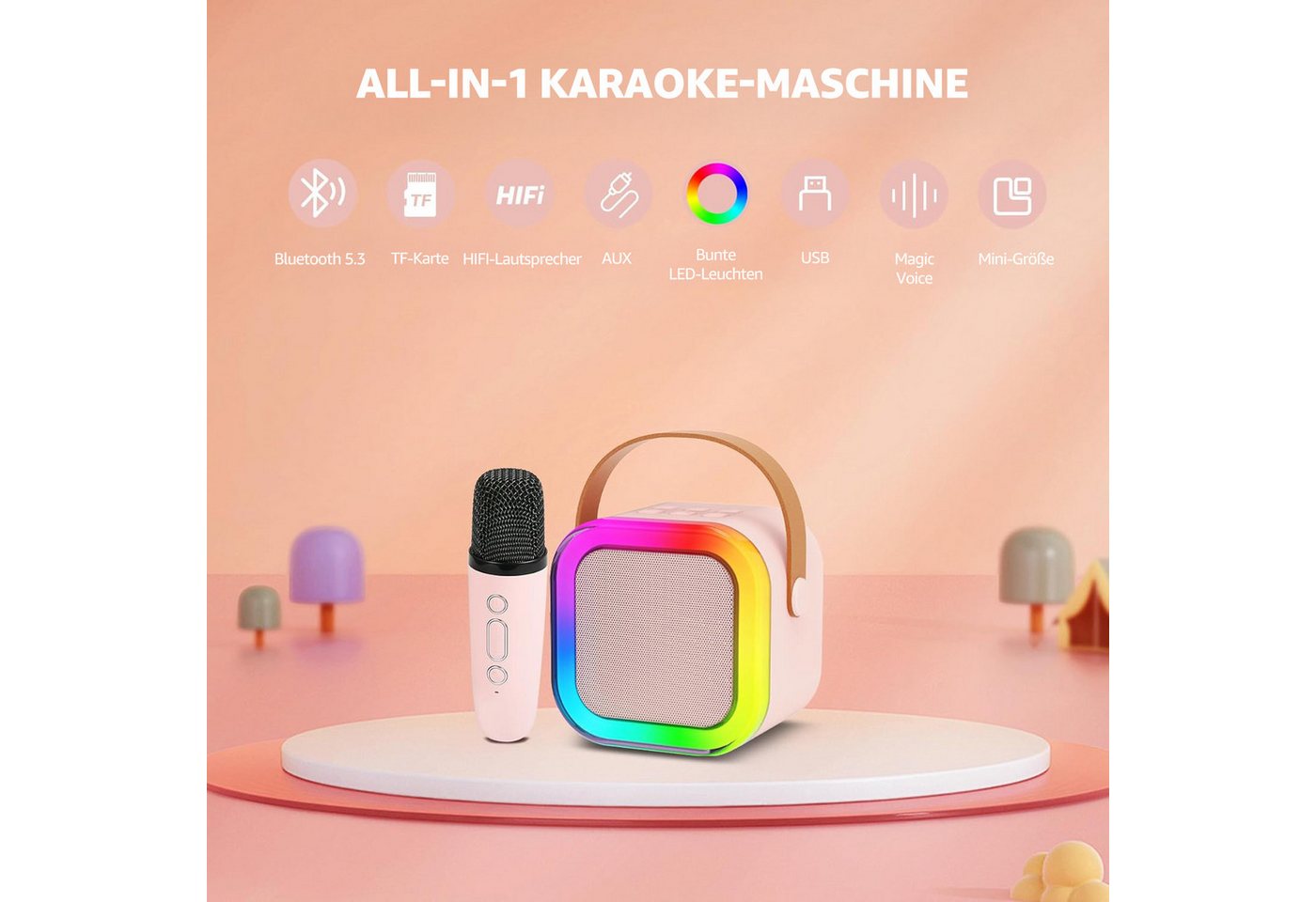 AKKEE Karaoke Maschine mit 2 Bluetooth Mikrofonen, Geschenke für 3-12 Jahre Karaoke-Maschine 1 (Bluetooth) – Bild 2 von 5