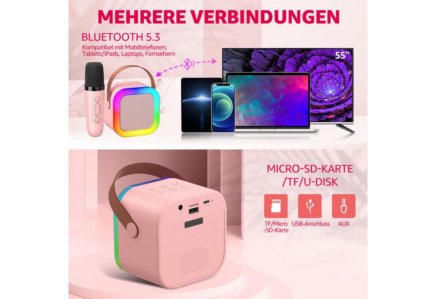 AKKEE Karaoke Maschine mit 2 Bluetooth Mikrofonen, Geschenke für 3-12 Jahre Karaoke-Maschine 1 (Bluetooth) – Bild 3 von 5