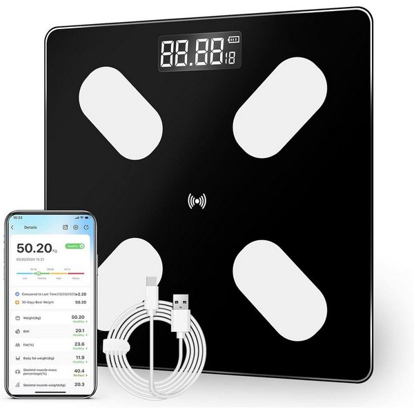 AKKEE Körper-Analyse-Waage Bluetooth Personenwaage mit App LCD-Smart Digitale Waage, Körperfettwaage