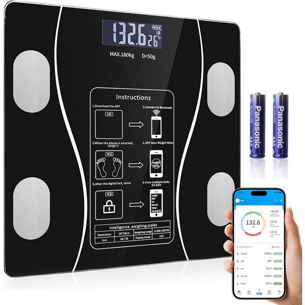 AKKEE Körper-Analyse-Waage Körperfettwaage Digital mit App 180 kg/400 lbs, Multifunktionswaage, BMI, Körperfett, Wasser & Muskelanteil