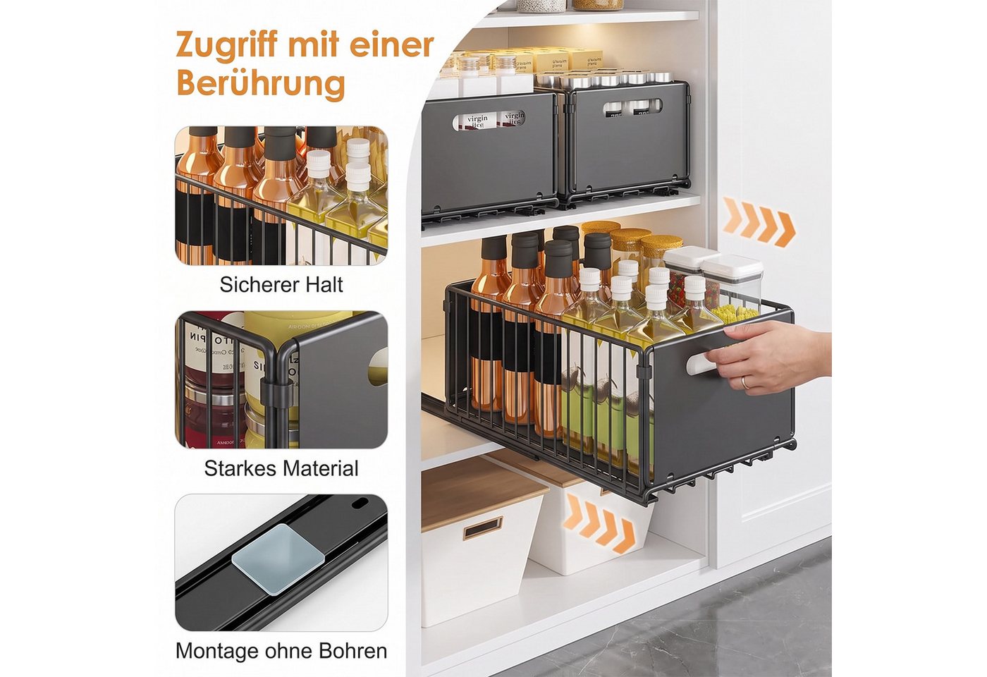 AKKEE Küchenorganizer-Set 2 Stück Teleskopschublade Ausziehbarer Schrank Organizer Kein Bohren, für Küchenschränke,Schubladenregale Herausschieben – Bild 3 von 5