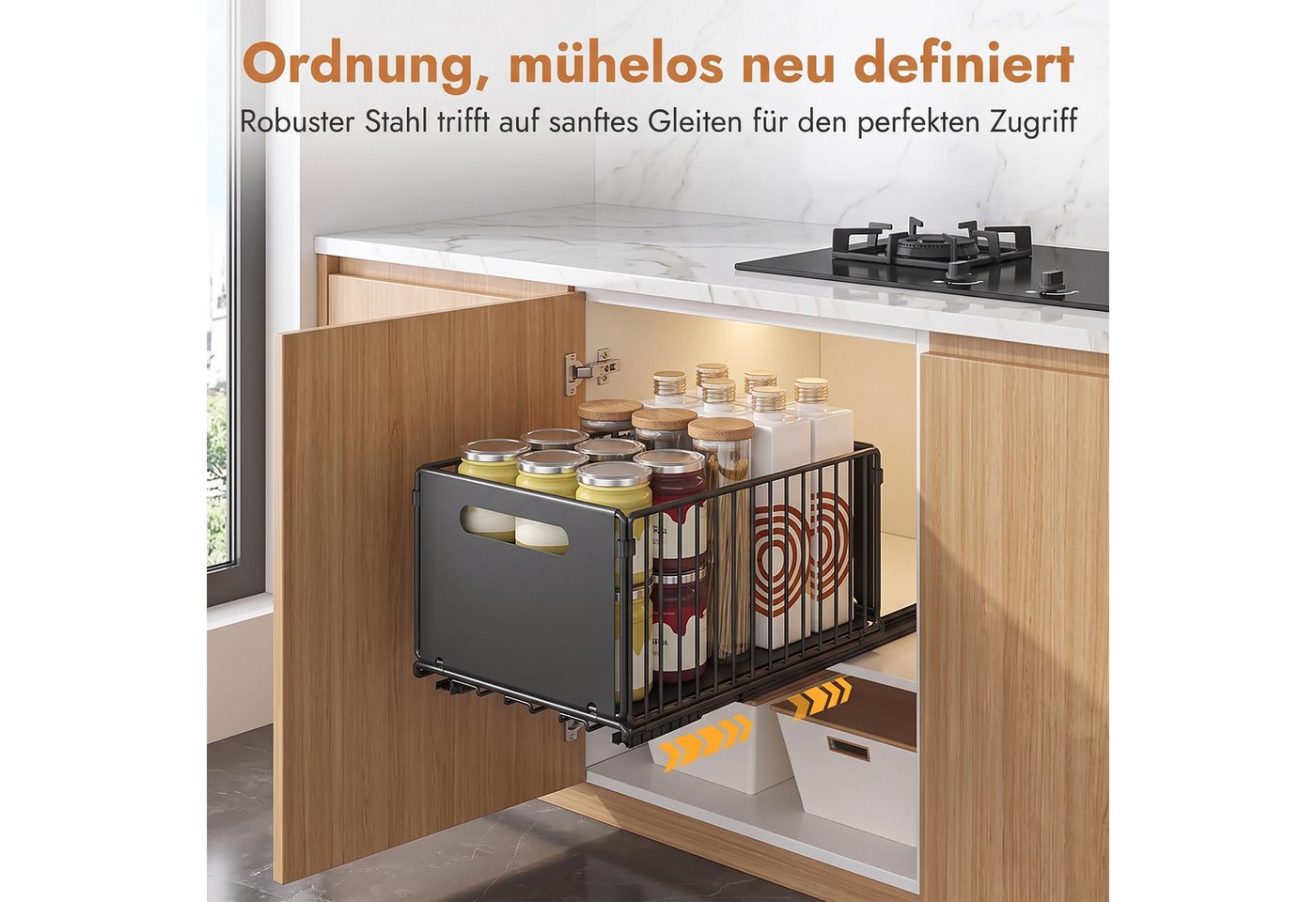 AKKEE Küchenorganizer-Set 2 Stück Teleskopschublade Ausziehbarer Schrank Organizer Kein Bohren, für Küchenschränke,Schubladenregale Herausschieben – Bild 4 von 5