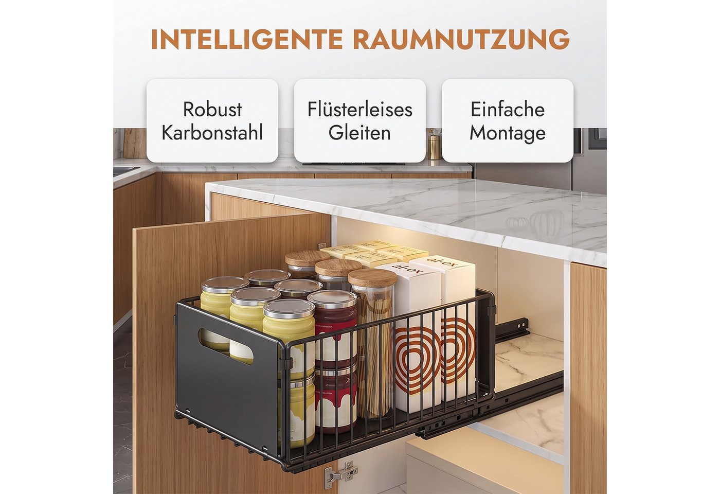 AKKEE Küchenorganizer-Set 2 Stück Teleskopschublade Ausziehbarer Schrank Organizer Kein Bohren, für Küchenschränke,Schubladenregale Herausschieben – Bild 5 von 5