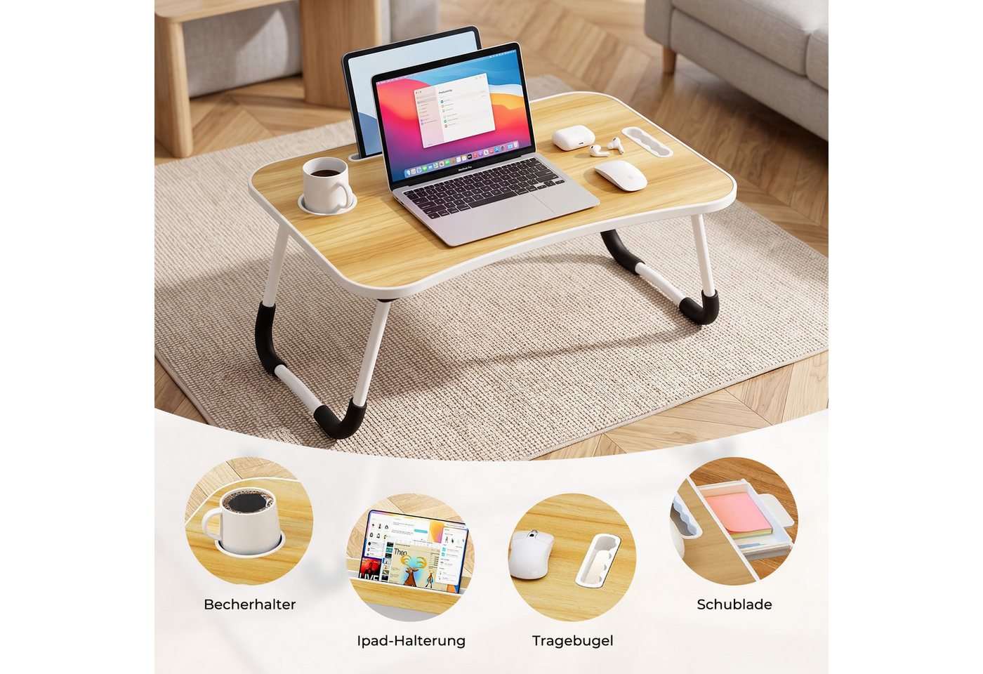AKKEE Laptoptisch Betttablett Klappbar, Frühstückstablett mit Griff und Getränkehalter, Ideal für Lesen und Arbeiten – Bild 3 von 5