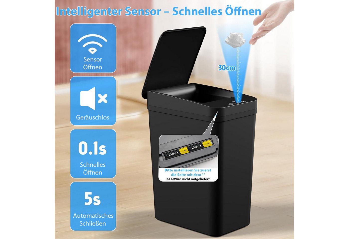 AKKEE Mülleimer mit Sensor 12L Elektrischer Mülleimer Mit Automatischem Deckel, Infrarotsensorik – Bild 2 von 5