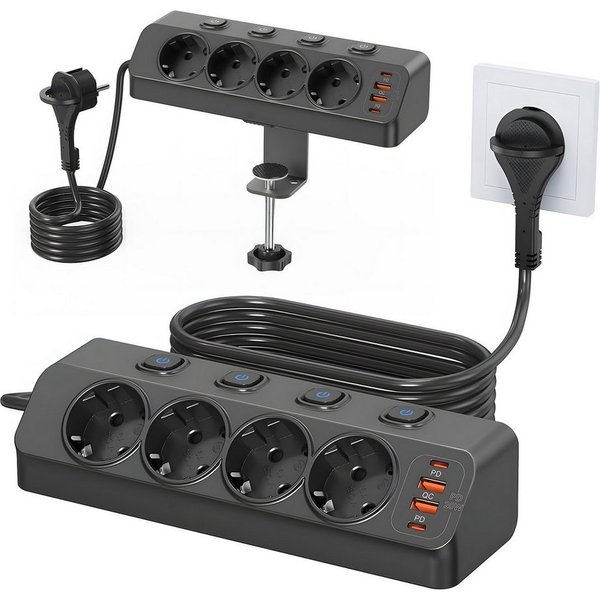 AKKEE Steckdosenleiste Ecksteckdose Mit Einzelschaltern und 2 m Kabel Mehrfachsteckdose (Für Homeoffice und Küche), Steckdosenverlängerung mit USB 4000W 16A
