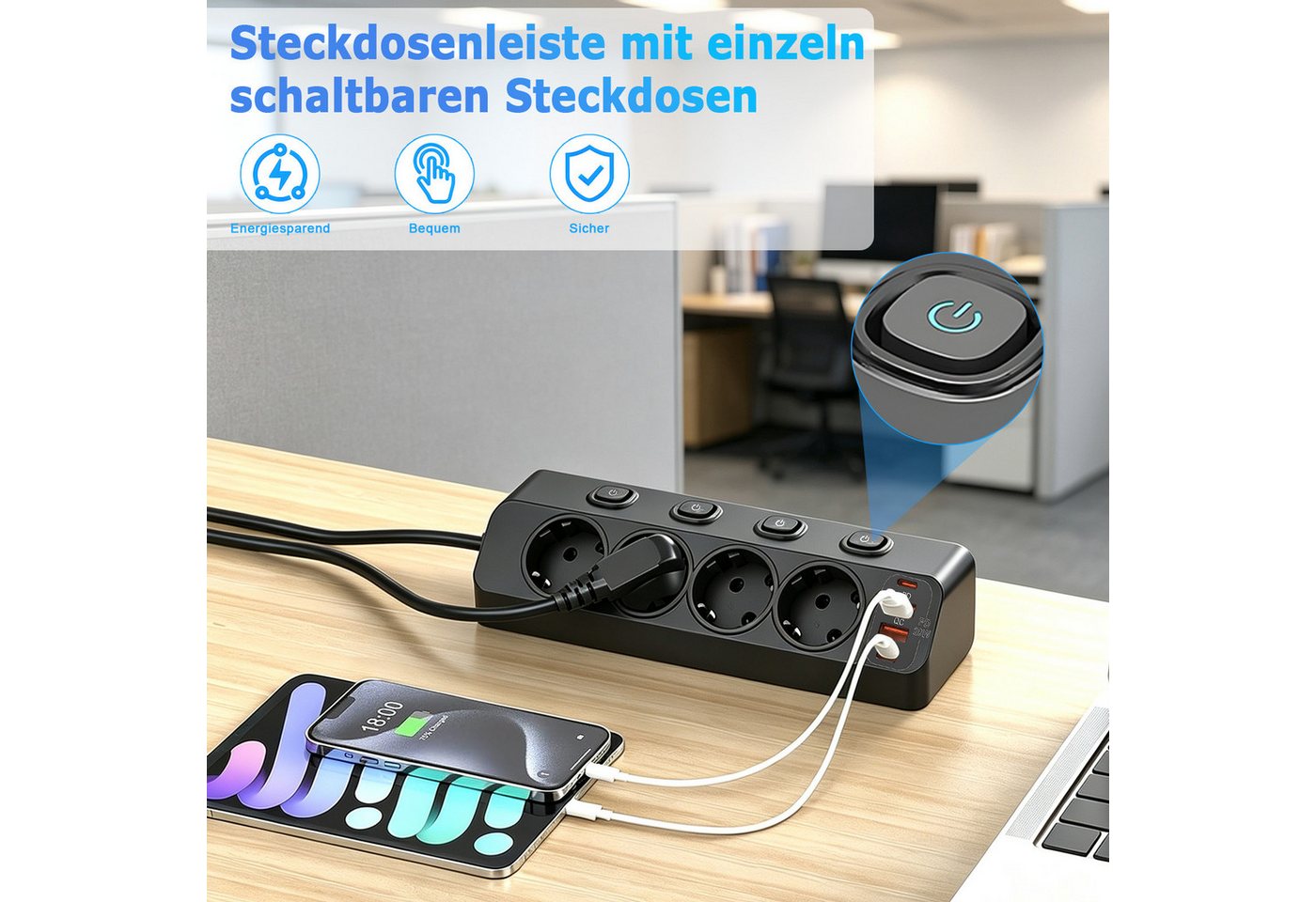 AKKEE Steckdosenleiste Ecksteckdose Mit Einzelschaltern und 2 m Kabel Mehrfachsteckdose (Für Homeoffice und Küche), Steckdosenverlängerung mit USB 4000W 16A – Bild 2 von 5