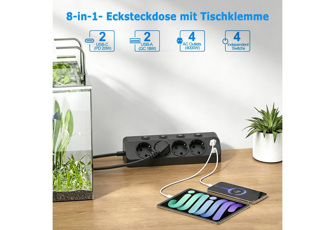 AKKEE Steckdosenleiste Ecksteckdose Mit Einzelschaltern und 2 m Kabel Mehrfachsteckdose (Für Homeoffice und Küche), Steckdosenverlängerung mit USB 4000W 16A – Bild 3 von 5