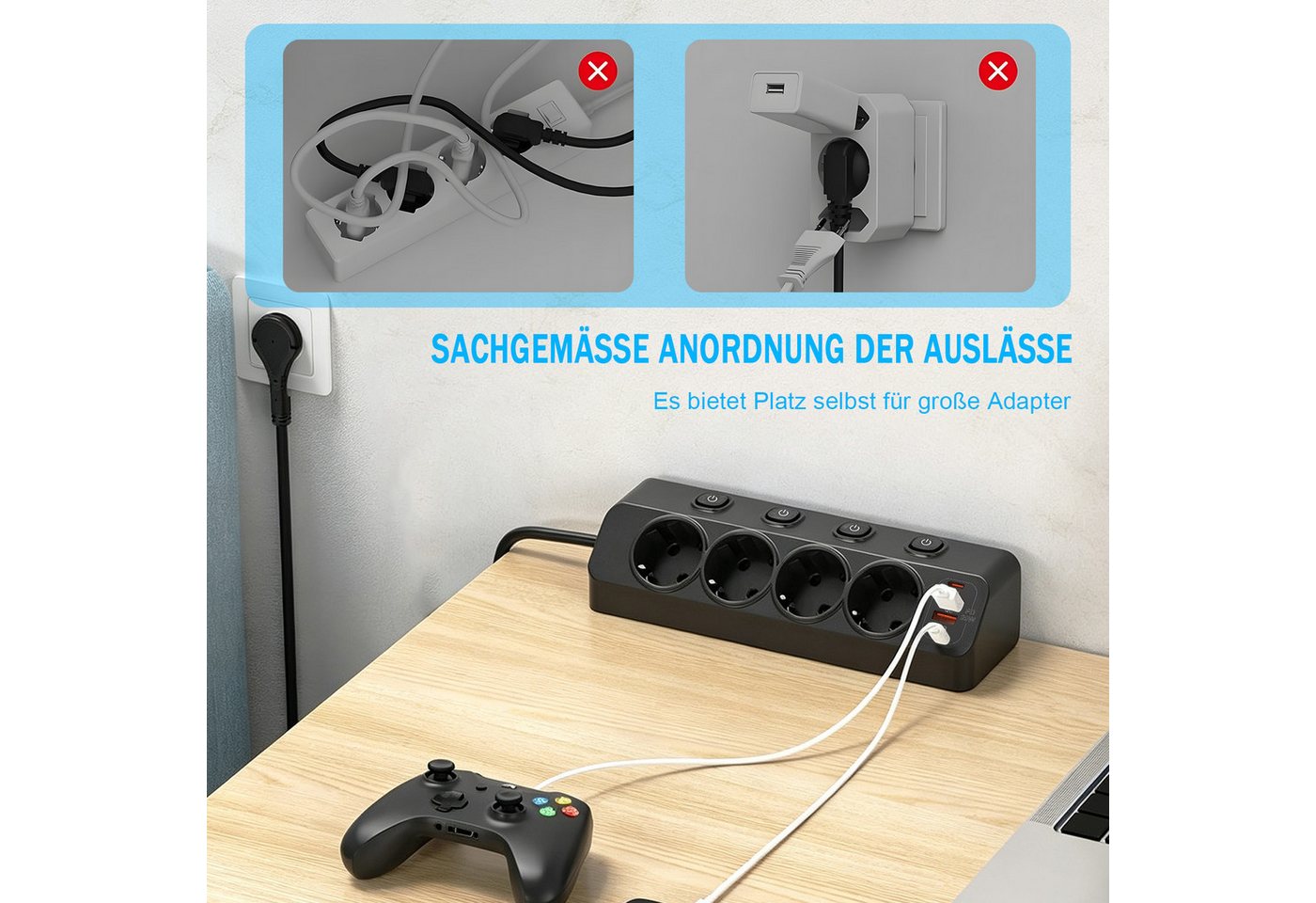 AKKEE Steckdosenleiste Ecksteckdose Mit Einzelschaltern und 2 m Kabel Mehrfachsteckdose (Für Homeoffice und Küche), Steckdosenverlängerung mit USB 4000W 16A – Bild 4 von 5