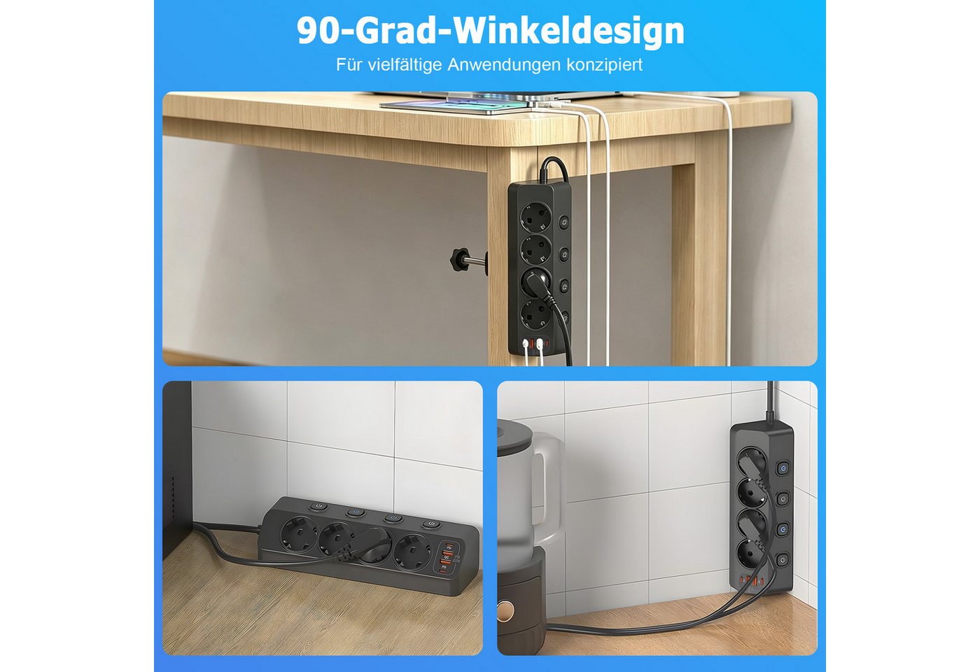 AKKEE Steckdosenleiste Ecksteckdose Mit Einzelschaltern und 2 m Kabel Mehrfachsteckdose (Für Homeoffice und Küche), Steckdosenverlängerung mit USB 4000W 16A – Bild 5 von 5