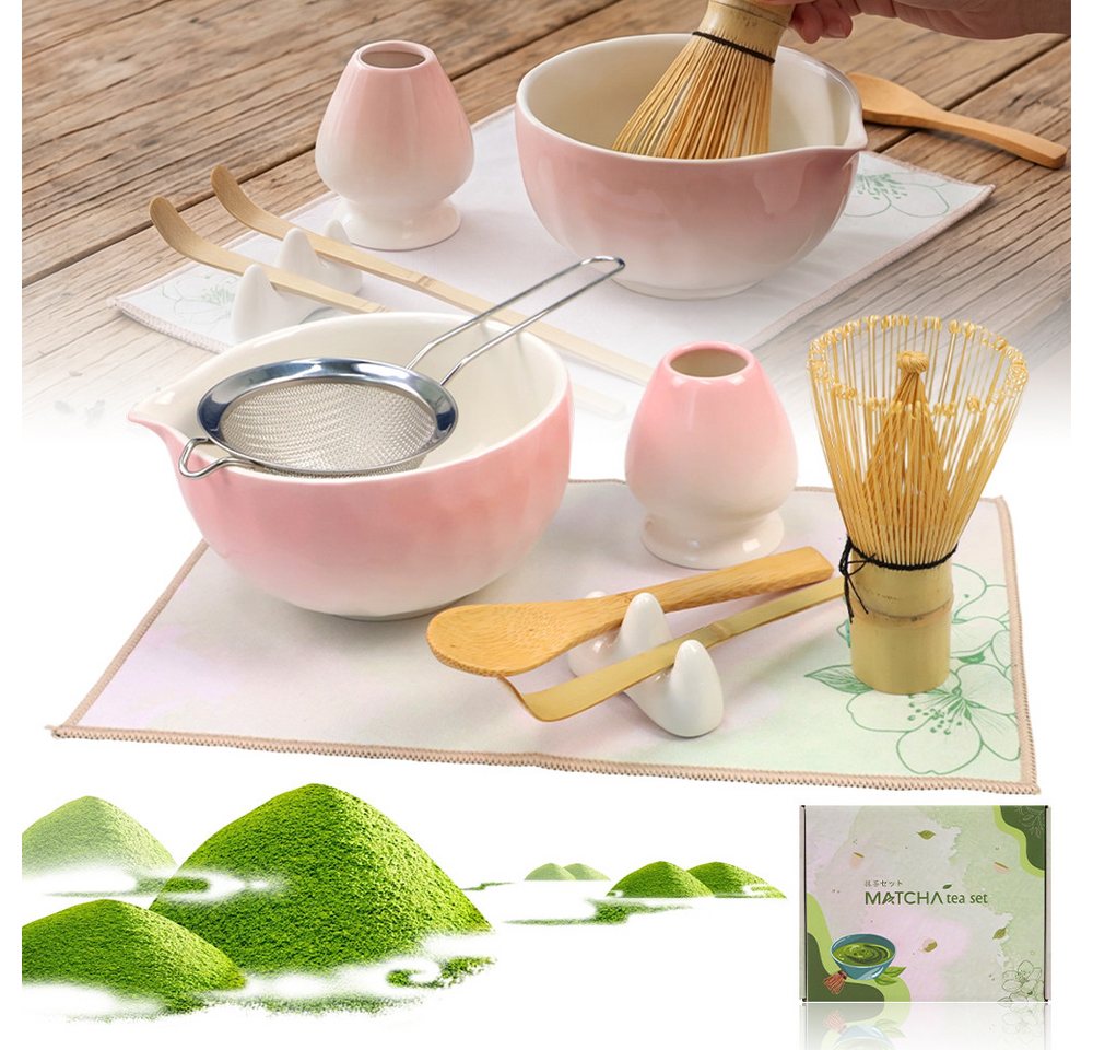 AKKEE Teeservice 8 Stück Matcha Tee Set, Keramik, Bambus-Besen, Edelstahlsieb Schal, Schale & Zubehör – Bild 2 von 5