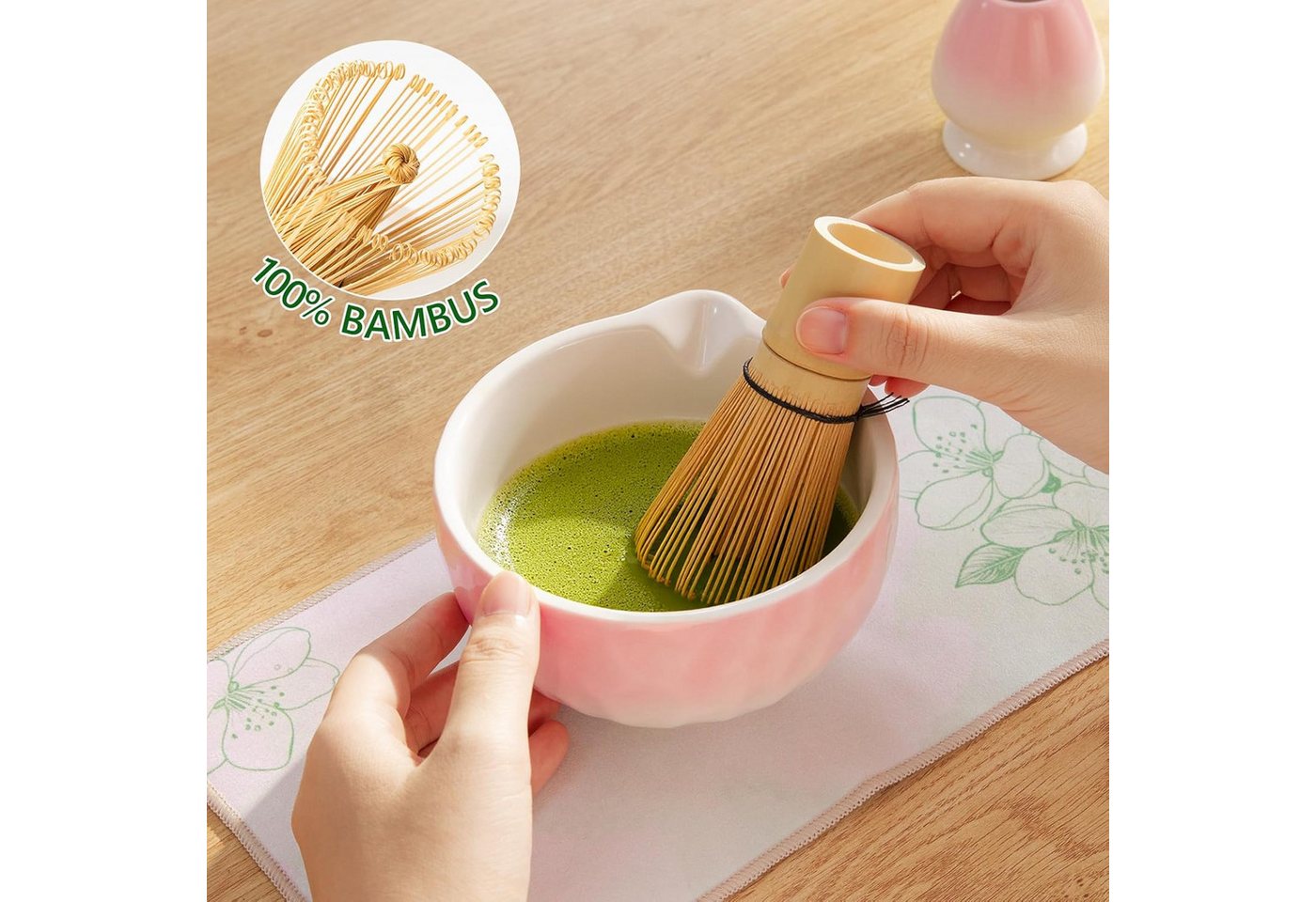 AKKEE Teeservice 8 Stück Matcha Tee Set, Keramik, Bambus-Besen, Edelstahlsieb Schal, Schale & Zubehör – Bild 3 von 5